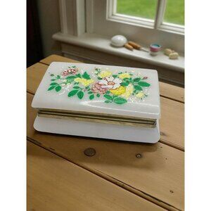 Vintage Hinged Lucite Trinket Box With Hand-Painted Floral Design & Gold-Tone